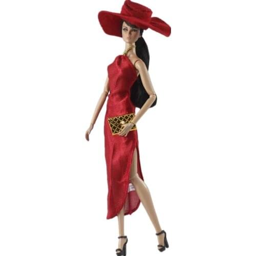Red Elegant Split Dress for Barbie Doll Clothes Set Outfit Hat Handbag Party Gown Dresses 1/6 BJD Accessories Kids Dollhouse Toy
