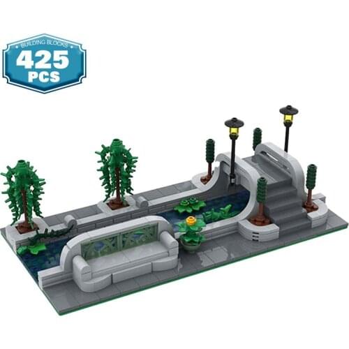 MOC City Street View Canal Building Block Set Park River Bridge Street LampBrick Scene Construction Block Toys for Childre