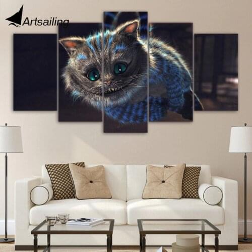 HD printed 5 piece canvas art cheshire cat painting alices wonderland animal poster wall pictures for living room up-1475A