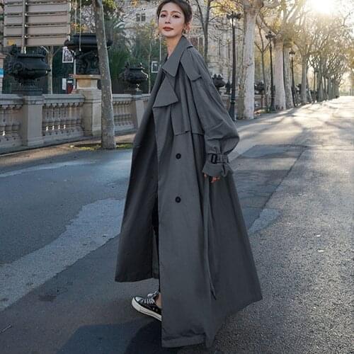 IMucci Korean Style X-Long Oversized Womens Trench Coat Double-Breasted Belted Lady Cloak Windbreaker Spring Fall Outerwear