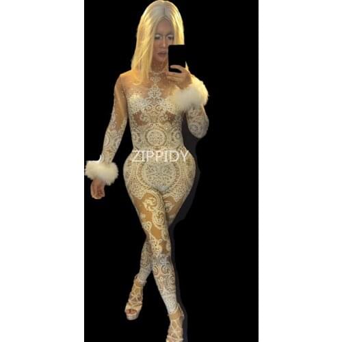 Sexy White Lace Rhinestones Bodysuit Female Singer Stage Jumpsuit Costume Party Celebrate Glisten Stones Stretch Nude Outfit
