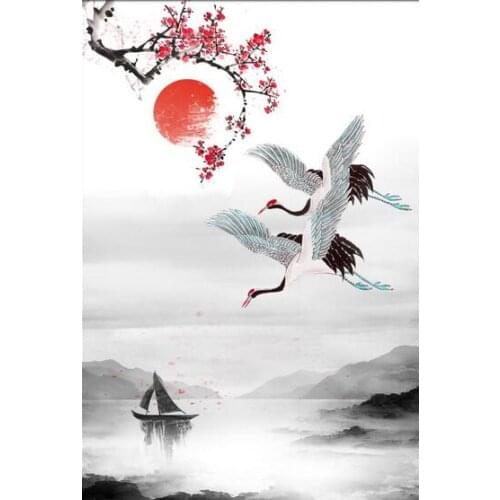 Red Crowned Crane Ink Landscape Art Film Print Silk Poster Home Wall Decor 24x36inch