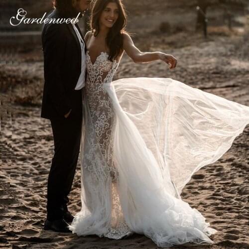 Sweetheart Lace Beach Wedding Dresses Pearls Beaded Tulle Detachable Train Bride Dresses Appliques A-Line Long Bridal Gowns