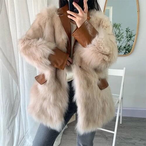 Fashion Autumn Winter New Style Faux Fox Fur Fur Coat Female Korean Version Loose Fur Coat Mid-length Stitching Warm Outerwear