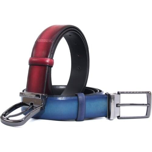 Mens Handmade Belts with Real Calf Leather, Blue and Burgundy Patina, Hand Sewn, Fashion Accessories for Shoes and Outfits
