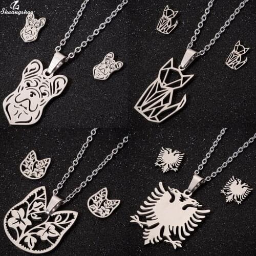 Shuangshuo Fashion Animal Necklace Earring Set for Women Men Punk Jewelry Sets Cat Dog Bird Fox Pendant Necklaces Ear Brincos