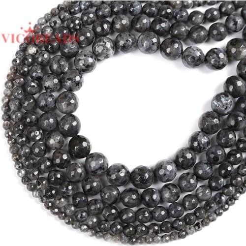 Natural Stone Faceted Black larvikite Labradorite Beads 15" Strand 4 6 8 10 12mm Pick Size For Jewelry Making