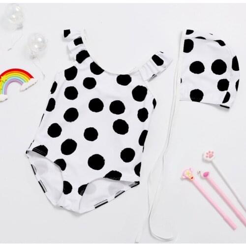 New Girls One Piece Swimsuit Baby Print Swimwear Child Maiden Bathing Suit Cute Beachwear Infant Triangle Bikini with Swim Cap