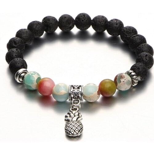 Charm Pineapple Pendant Strand Bracelet Men Lava Stone Beads Bracelets Lotus Bangles For Women Unisex Fashion Yoga Jewelry Gifts