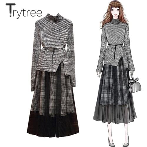 Trytree Autumn Winter Two piece set Casual Turtleneck Belt Irregularity Split hem Tops+ Skirt Mid-Calf Plaid Fashion A-line Set