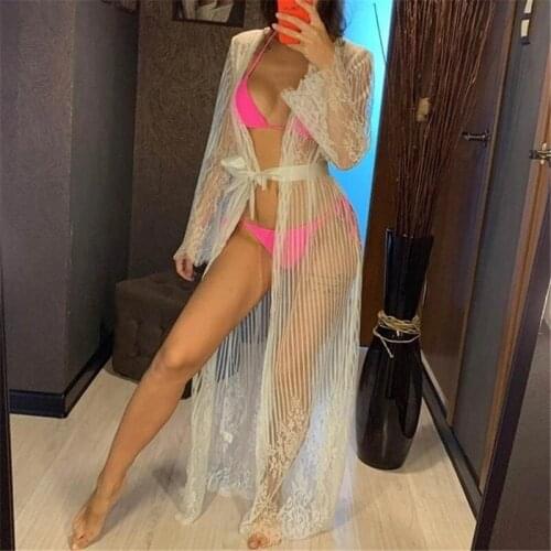 Sexy Women Bikini Kafatan Cover Ups Dress Lace Perspective V Neck Long Sleeve Bandage Cardigan Bathing Beachwear Swimsuits