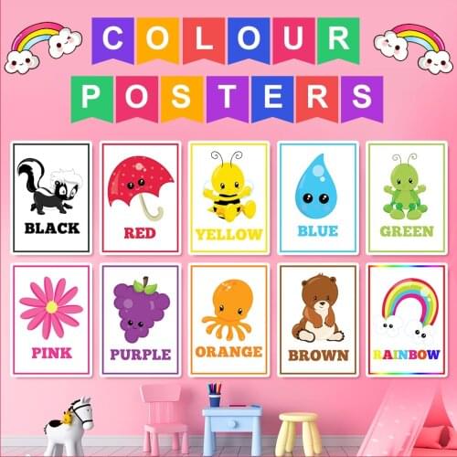 12Pcs/Set English Color Flash Cards A4 Plastic Kindergarten Classroom Decoration Poster Teaching Aids Educational Toy Children