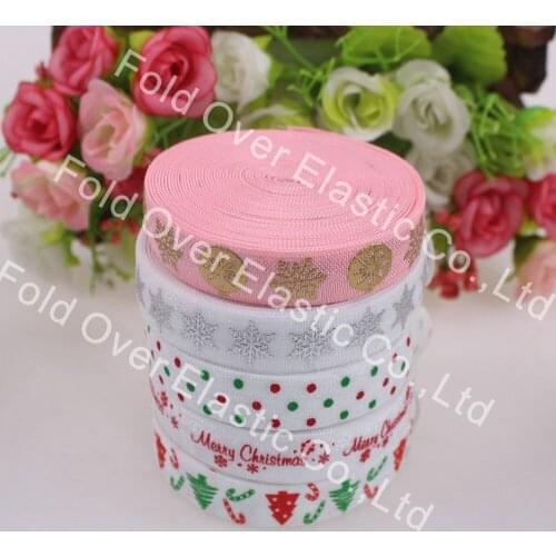 Popular!! Small package 5 yards per roll,5 kinds of design,25 yards in total, merry christmas printed Fold over elastic 5/8