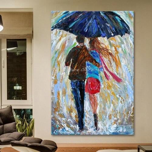 Free Shipping 100% Handpainted High Quality Modern Wall Art Lovers In The Rain Palette Knife Oil Painting On Canvas Home Decor
