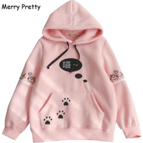MERRY PRETTY Women Cartoon Cat Embroidery Hooded Sweatshirts Harajuku Sweet Style Hoodies Winter Plus Velvet Pullovers