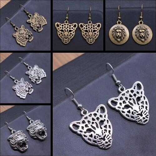 Animal Dangle Earring Vintage Antique Silver Color Antique Bronze Color Tiger Leopard Lion Head Pendant Drop Earrings