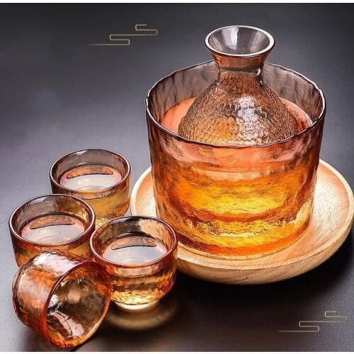 JANKNG Japanese Sake Set Hammer Pattern Glass Gold Rimmed Cup Wine Warmer Korean Soju Cup Tequila Pot Whisky Cup Domestic Wine