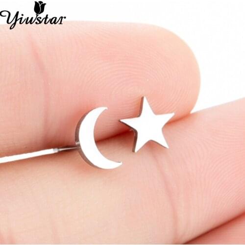 Yiustar Asymmetry Earrings Tiny Star Moon Stud Earrings for Women Earing Stainless Steel Ear Stud Moon Star Pendientes