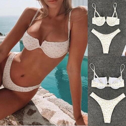 #Z45 Women Sexy Bikini Push Up Swimsuit Padded Bra Beach Wear Deep V Bikini Set Printing Swimwear Womens Swimming Suit Biquini