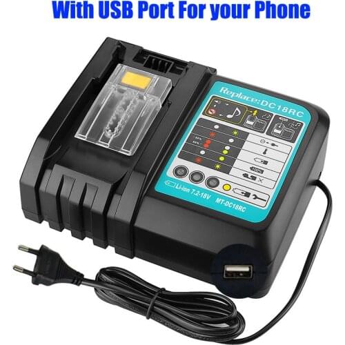 7.2V-18V Power Tool Li-Ion Battery Charger Replacement for Makita 7.2V to 18V BL1830 BL1430 DC18SC DC18RC DC18RA with USB Port