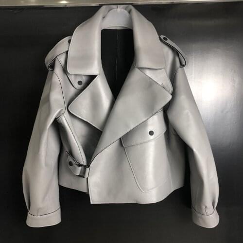 Genuine Leather Jacket Women Real Sheepskin Coat Autumn Winter 2021 Motorcycle Outwear Buttons Black Red Gray Plus Size XXXL