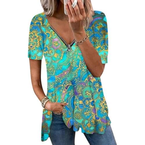2021 Women Summer Short Sleeve Woman Loose T Shirts Casual Vintage Print Tee Shirt Fashion Sexy V Neck Zipper Tops Pullover