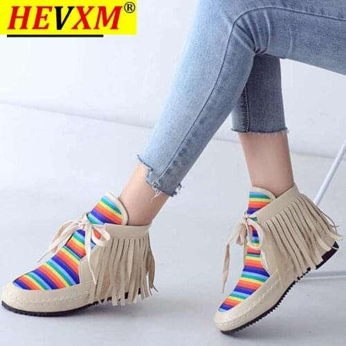 2021 Autumn Winter Women Ankle Boots Shoes women Flat Boots Round Toe mujer Tassel boots colorful Striped Botas