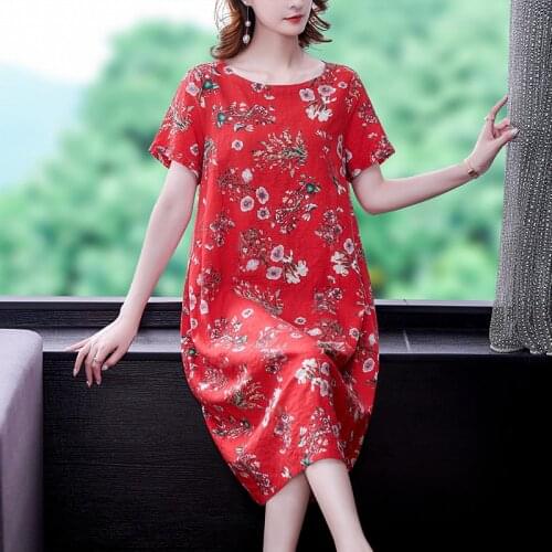 2021 Elegant Loose Red Floral Cotton Linen Beach Midi Dress Summer Vintage Ramie Print Casual Dress Women Bodycon Party Vestidos