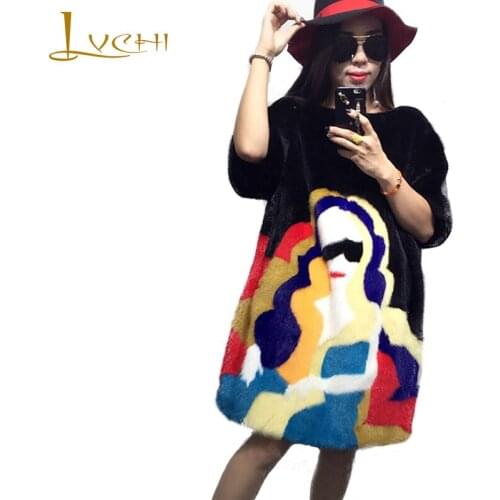 LVCHI Winter 2019 Womens Nine Quarter Natural Fur Mink Coat Contrast Color Patchwork Pullover Medium Mink Fur Hedging Coats