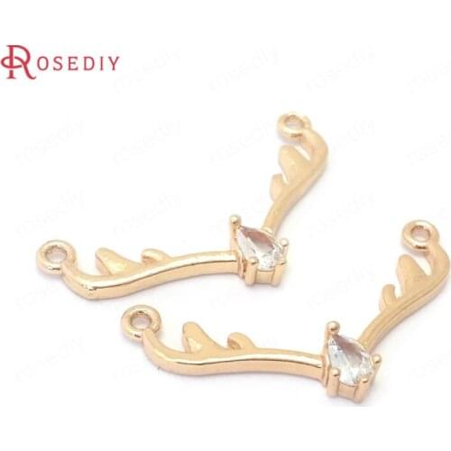 38912)10PCS 24K Champagne Gold Color Brass and Zircon Antlers Charms Pendants Jewelry Making Supplies Diy Findings Accessories