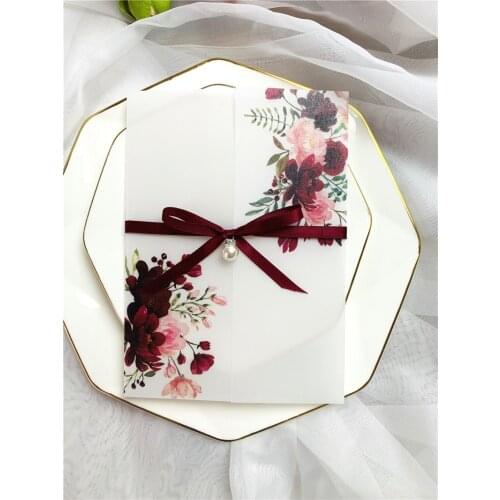 50pcs Sulfuric Acid Paper UV Flowers Wedding Invitations Card with Ribbon and Pearl for Birthday Party Invites, Customized