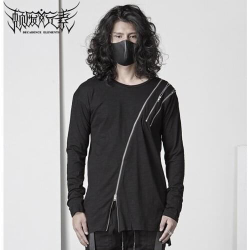 Asymmetrical design T-shirt alternative Gothic designer trendy mens spring dark personality round neck shirt
