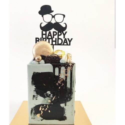 Black Glass Hat Beard Happy Birthday Cake Topper Cake Topper party Dessert Decor for Baby shower Baking supply