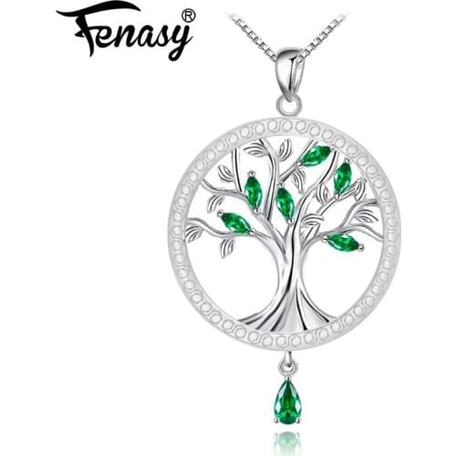 FENASY Life Tree Necklaces For Women New Trendy Green Crystal 925 Sterling Silver Tree Of Life Round Pendant Fine Jewelry
