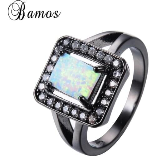 Bamos Mystic Rainbow Fire Opal Rings For Women Men Black Gold Filled Wedding Party AAA Zircon Ring Anel Birthday Jewelry RB0696