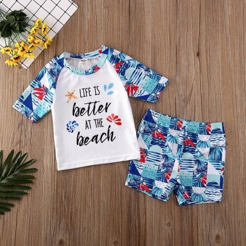 2Pcs Toddler Baby Kids Boys Swimwear Sets Cartoon Print Pullover Tops+Shorts Bathing Suit Bikini Outfits Swimsuit Set