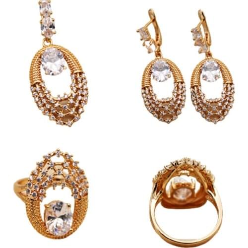 Fashion Jewelry Sets accessories Gold Hoop Earrings Rings Necklace Pendent White Stone Zircon Women 3pcs set wedding Gift
