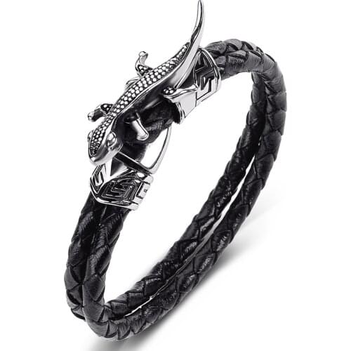 Trendy Double Genuine Leather Braided Bracelet Men Punk Jewelry Stainless Steel Lizard Bangles Male Handmade Wristband Gift P546