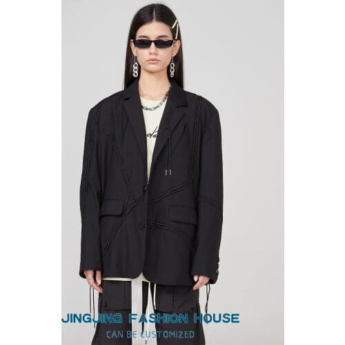 Spring and Autumn 2021 new deconstructed drawstring black loose cut blazer jacket men and women