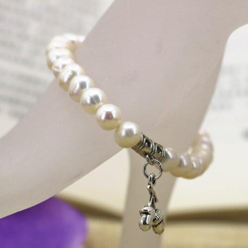 Original diy white 7-8mm natural freshwater cultured thread pearl beads strand elastic bracelet women diy jewelry 7.5inch B3117