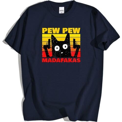 Pew Pew Madafakas Black Cat Cartoon Print T Shirts Men Fashion Loose T-Shirt Summer Pattern T Shirt Breathable Loose Mens Tops