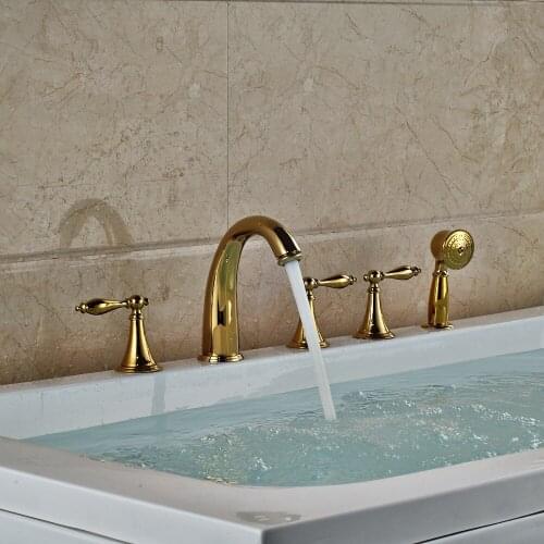 Luxury Gold Polished Brass Bathtub Faucet Widespread Roman Tap Bathroom Bath Tub Faucet with Hand Shower