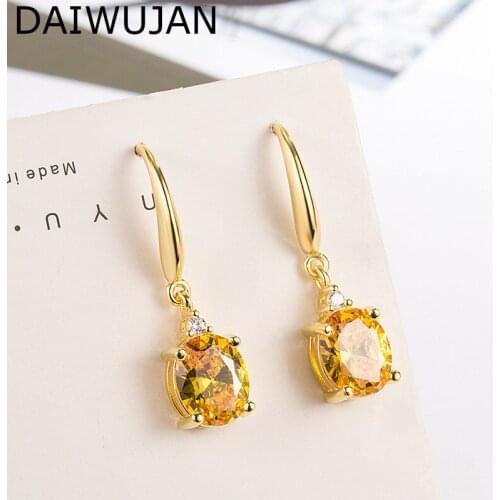 DAIWUJAN Luxury Crystal 18K Gold Oval Drop Earrings For Women Champagne Citrine Dangle Hook Earrings Party Fashion Jewelry