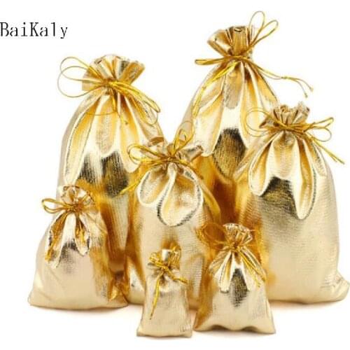 50pcs/lot 11x16 13x18 15x20 17x23cm Golden/Silver Color Drawstring Organza bag Christmas Wedding Gift Jewelry Packaging bags