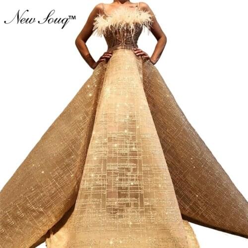 Glitter Feather Evening Dresses Aibye 2019 Couture Shiny Fabric Arabic Party Gowns Robe De Soiree Long Prom Dresses Vestidos