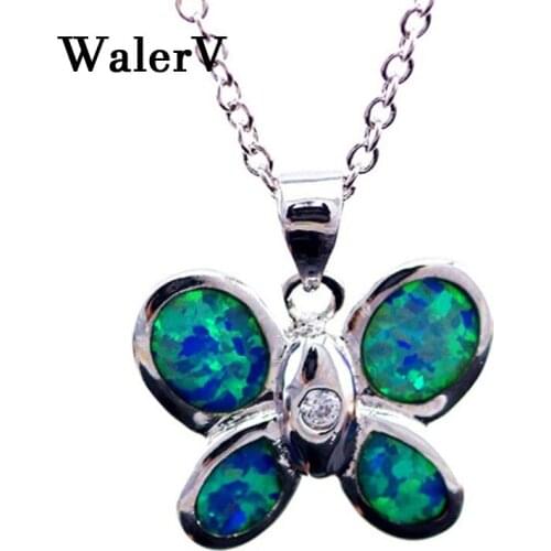 WalerV New for Womens Set Fashion Lovely Blue Imitation Five Opal Butterfly Shape Pendant Necklace Wedding Jewelry Charm Gift