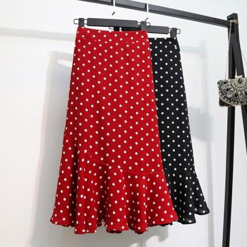 New Summer Larger Size Polka Dot Mermaid Skirt For Women Autumn Elastic Waist Korean OL Mid Skirt With Lining Black Jupe Femme