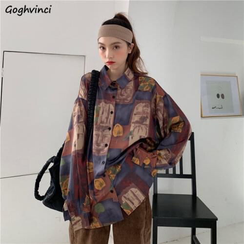 Women Blouses Casual Print Shirts Loose Turn-down Collar Button Up Korean Style Vintage Harajuku Fashion Female Tops All-match