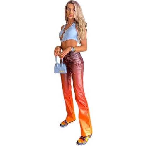 OrangeA Women Gradient Colorful Y2K Faux Leather Pants Straight Vintage Office Lady Slim 2021 Spring Fashion Streetwear Trousers