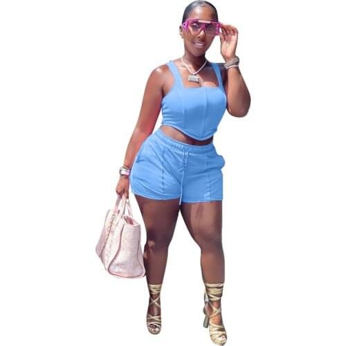 Solid Casual Workout Two Piece Sport Suit for Women Low Neck Sleeveless Tank Top and Drawstring Biker Short Athleisure Outfits